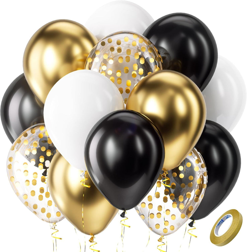 Black and Gold Confetti Balloons,60pcs 12 inch Black White and Gold Metallic Latex Party Balloons Set with Gold Ribbon for Birthday,Wedding,Baby Shower,Gold Theme Party Graduation Decorations
