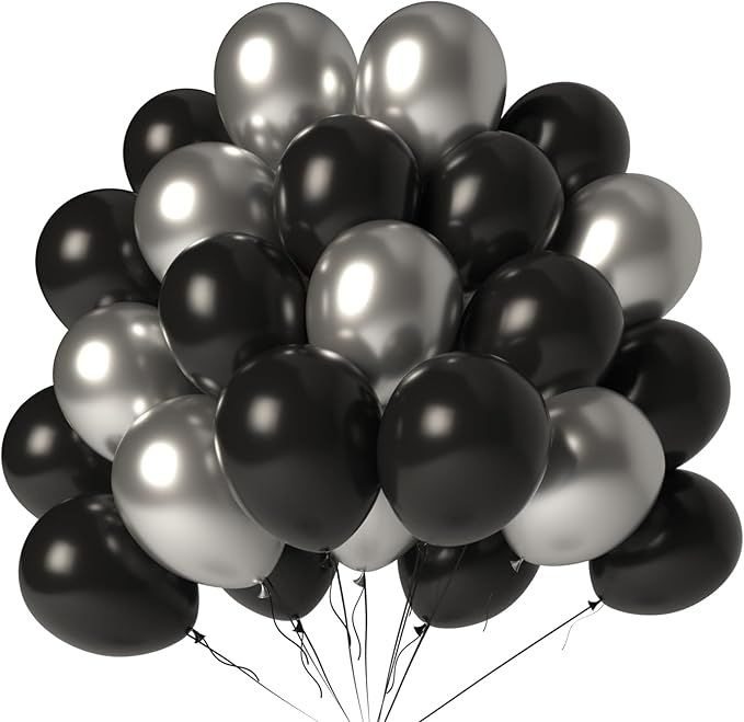 Black and Silver Balloons 100 Pack 12 Inch Metallic Chrome Black Silver Latex Helium Balloons for Birthday Wedding Christmas New Year Party Decorations