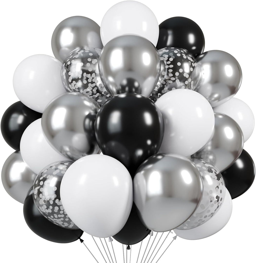 Black and Silver Balloons, 60pcs 12 Inches Black White Silver Confetti Balloons with 1 Ribbon for Birthday, Baby Shower, Wedding, and Silver Theme Party Decoration