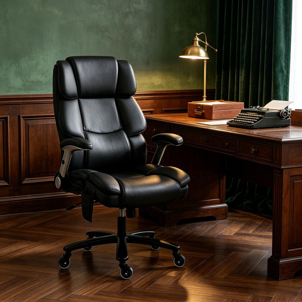 Black Big And Tall Office Chair with Airbag Lumbar Support Pet-Friendly Fabric Desk Chair with Flip-Up Armrests for Comfortable Sitting