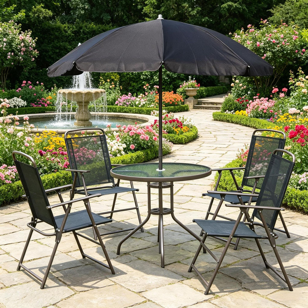 Black Coffee 6 Piece Patio Dining Set for 4 with Umbrella Outdoor round Glass Table And 4 Folding Chairs for Garden Backyard Poolside