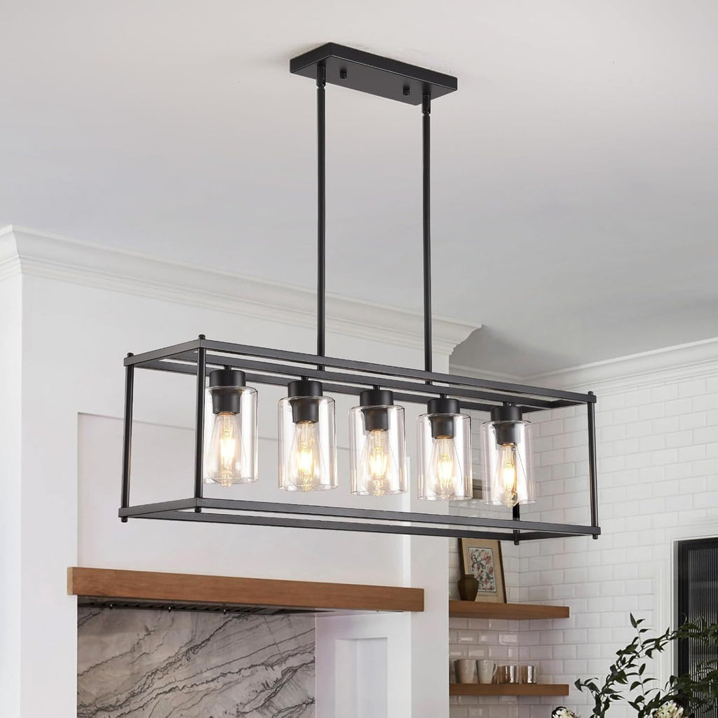 Black Dining Room Light Fixture, 5-Lights Modern Rectangular Chandelier with Clear Glass Shades