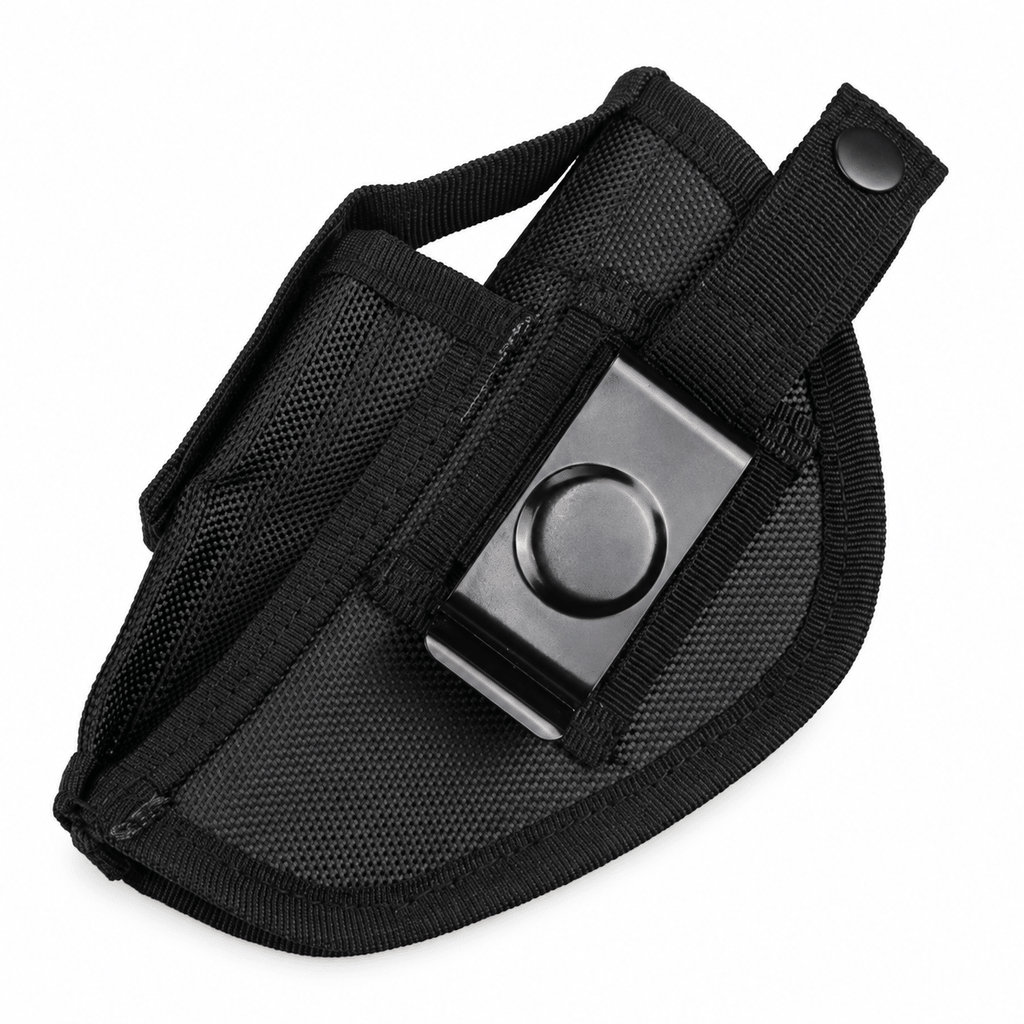Black Fabric Pistol Holster with Metal Belt Clip and Snap Retention Strap