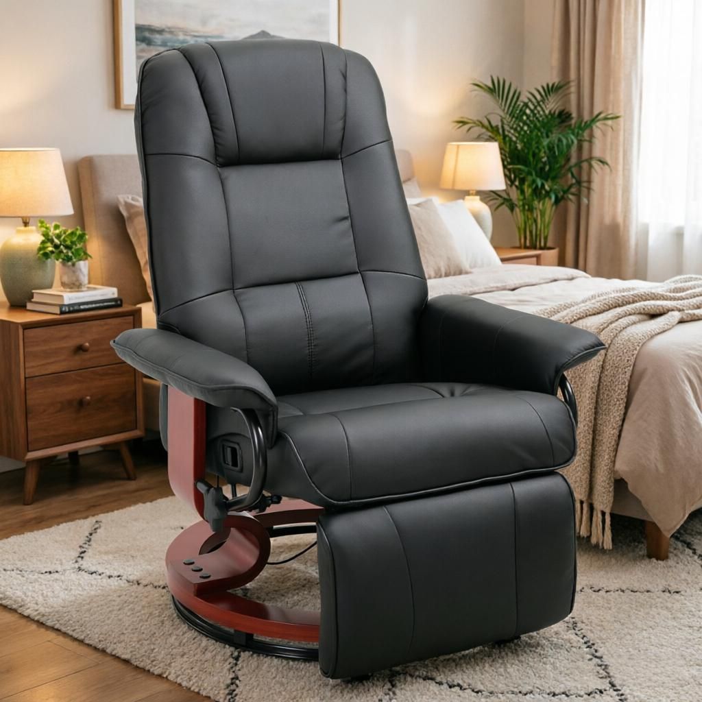 Black Faux Leather Manual Swivel Recliner Lounge Chair with Footrest And Armrest Comfortable Living Room Chair