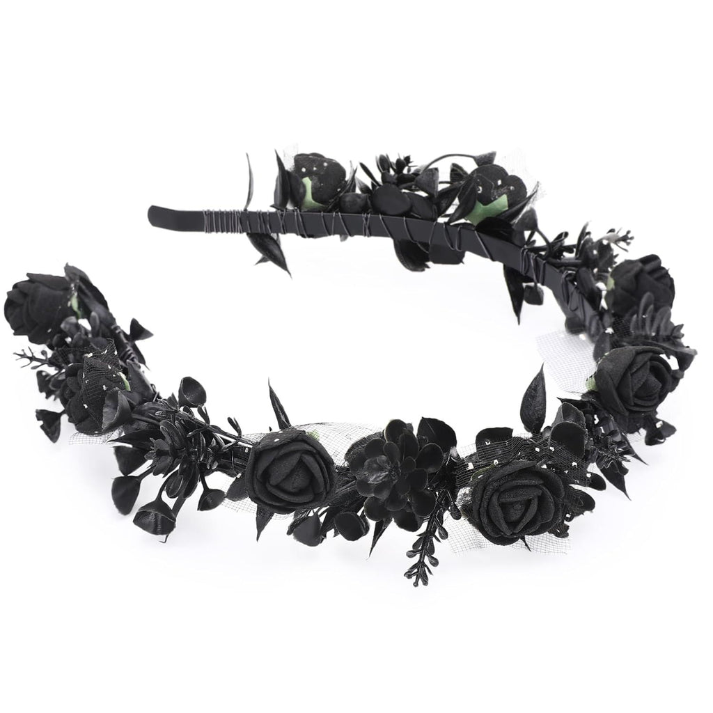 Black Floral Headpiece - Women's Elegant Lace Foam Rose Headband With Flowers for Hair Accessories, Wedding, Party, Birthday Gift, Photo Props
