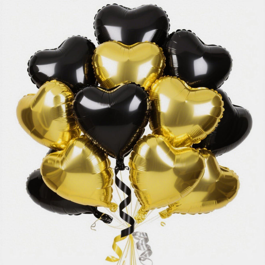Black Gold Heart Balloons,12Pcs Black Heart Shaped Foil Balloons,18Inch Champagne Gold Helium Balloon for Birthday Bachelorette Anniversary Engagement Wedding Valentine Graduation Party Decorations