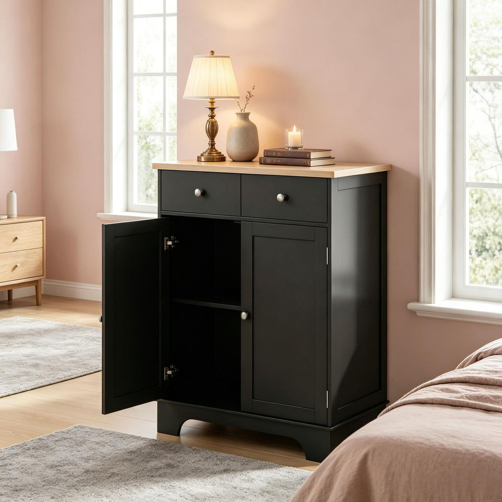 Black Kitchen Storage Cabinet Sideboard Floor Cupboard with Solid Wood Top Adjustable Shelf 2 Drawers for Home Organization