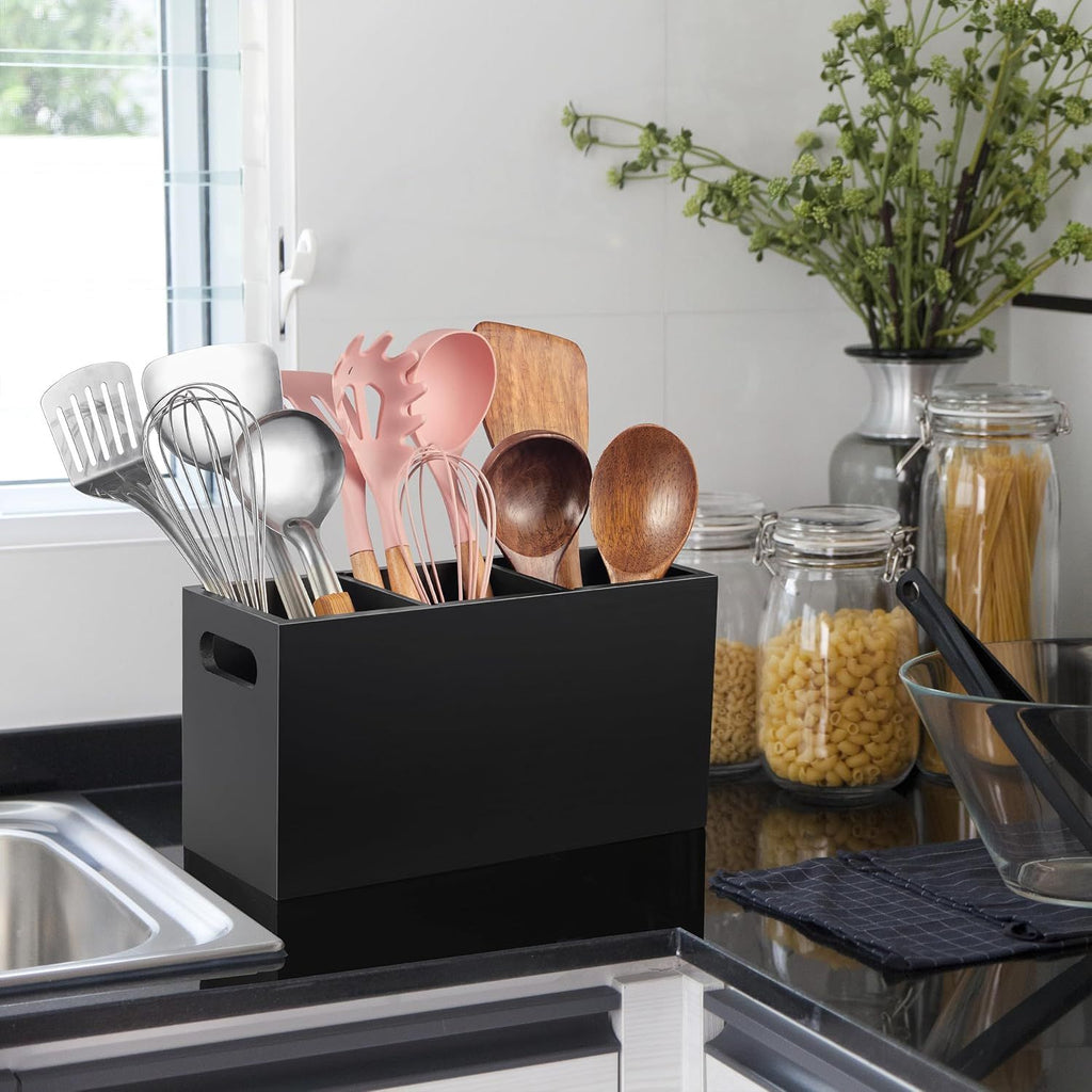 Black Kitchen Utensil Holder for Countertop - Wooden Large Utensil Caddy Organizer for Counter - 3 Compartment Cooking Utensil Crock for Silverware Spoon Spatula