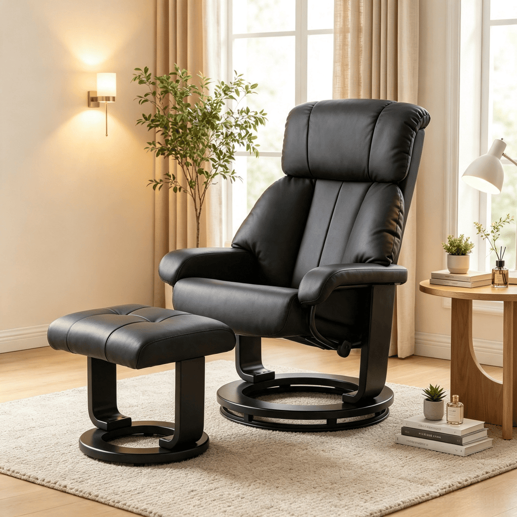 Black Massage Recliner Chair with Ottoman 360° Swivel Recliner And Footstool 10-Point Vibration for Home Comfort