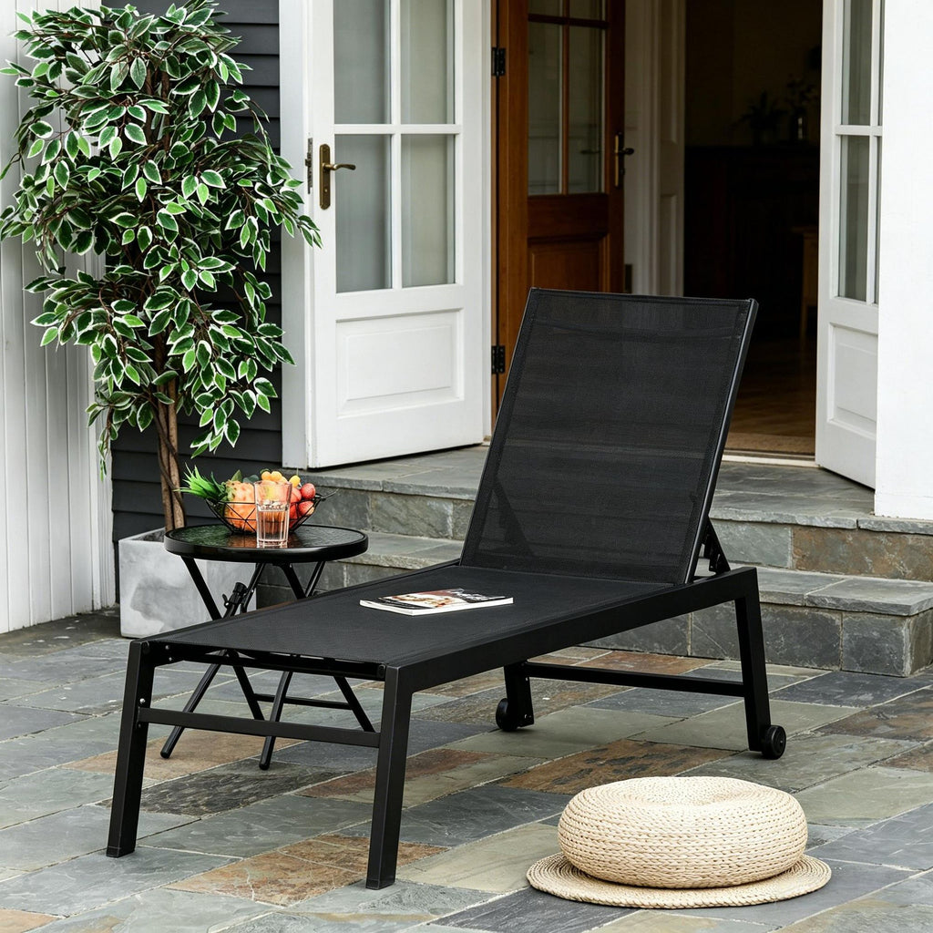 Black Outdoor Chaise Lounge with Wheels Five Position Recliner for Sunbathing Suntanning Steel Frame Breathable Fabric for Beach Yard Patio