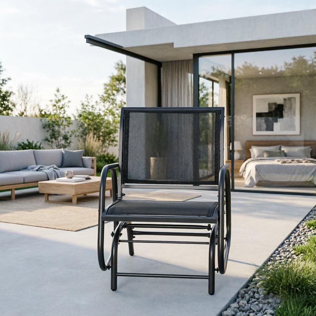 Black Outdoor Glider Chair Steel Swing Chair with Curved Armrests for Porch Garden Poolside Balcony