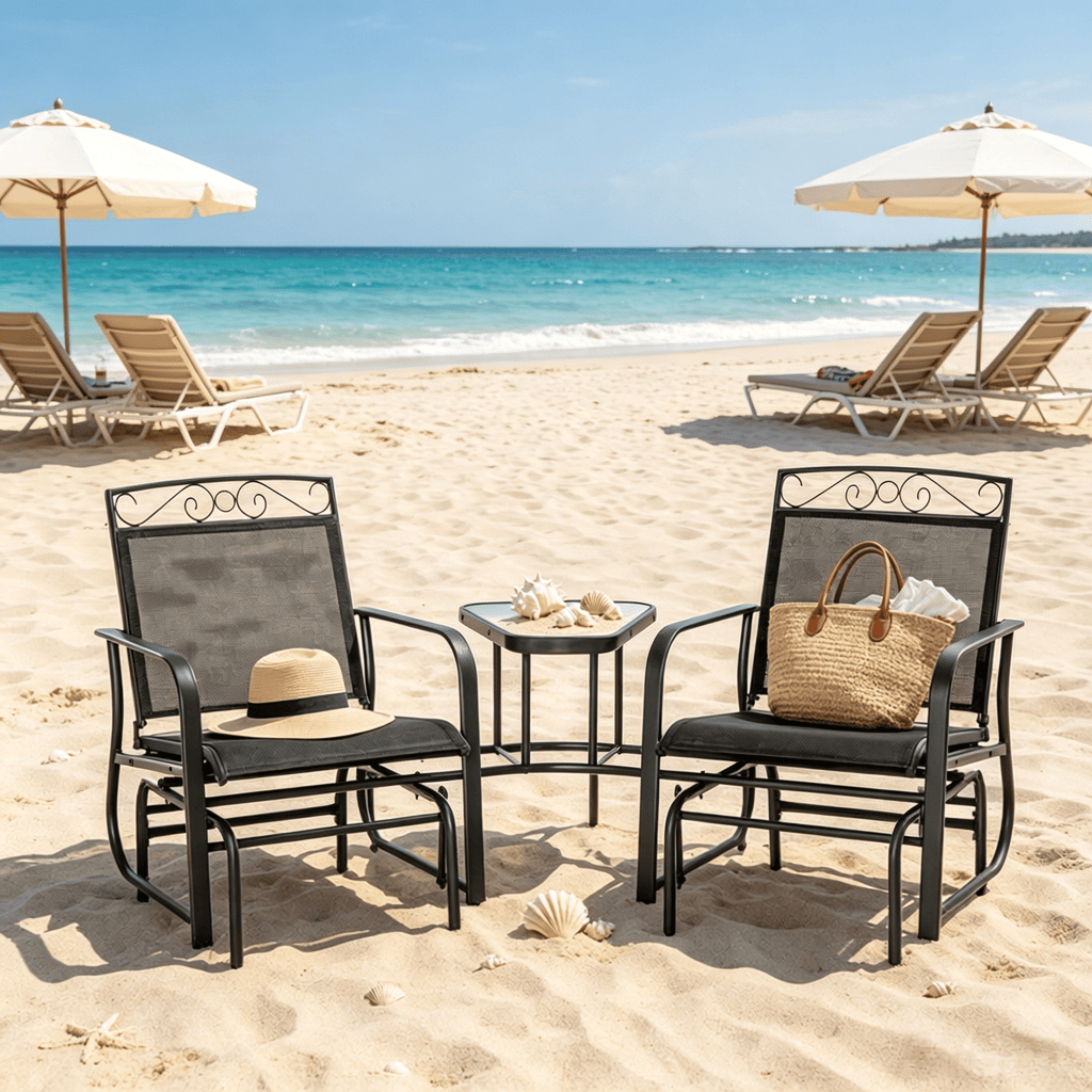 Black Outdoor Patio 2-Seat Rocking Chair Swing with Coffee Table Breathable Sling Backyard Glider Chairs