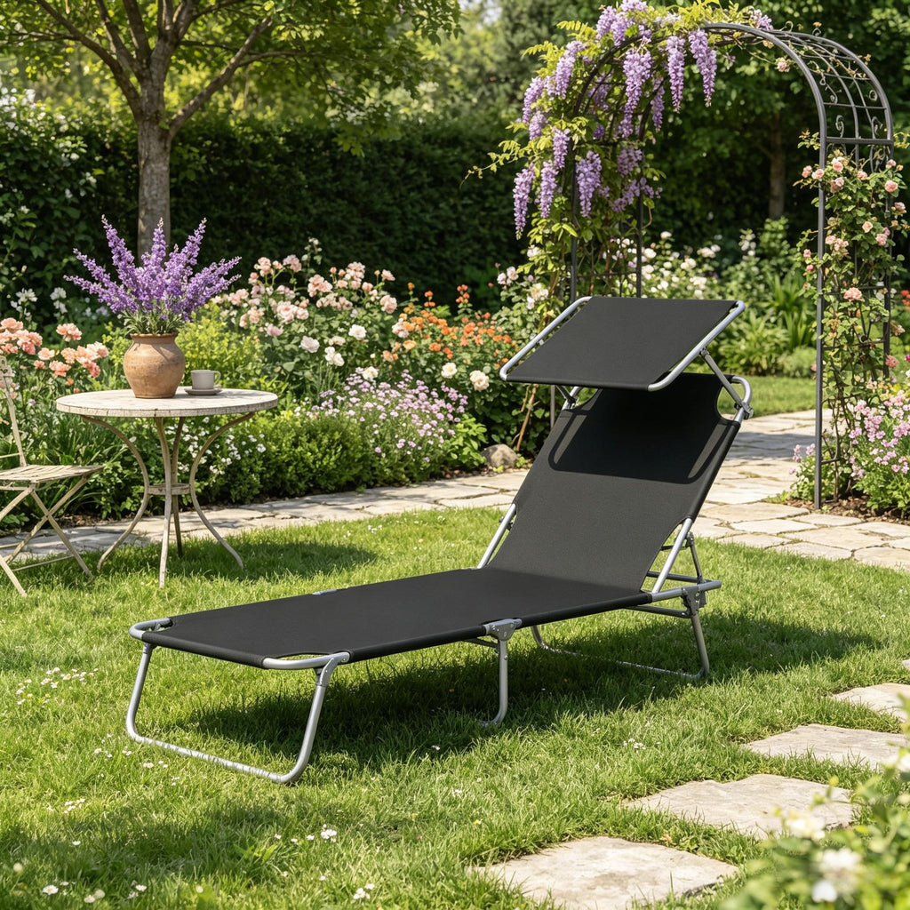 Black Outdoor Pool Chaise Lounge Chair Folding Tanning Chair with Sun Shade for Garden Beach