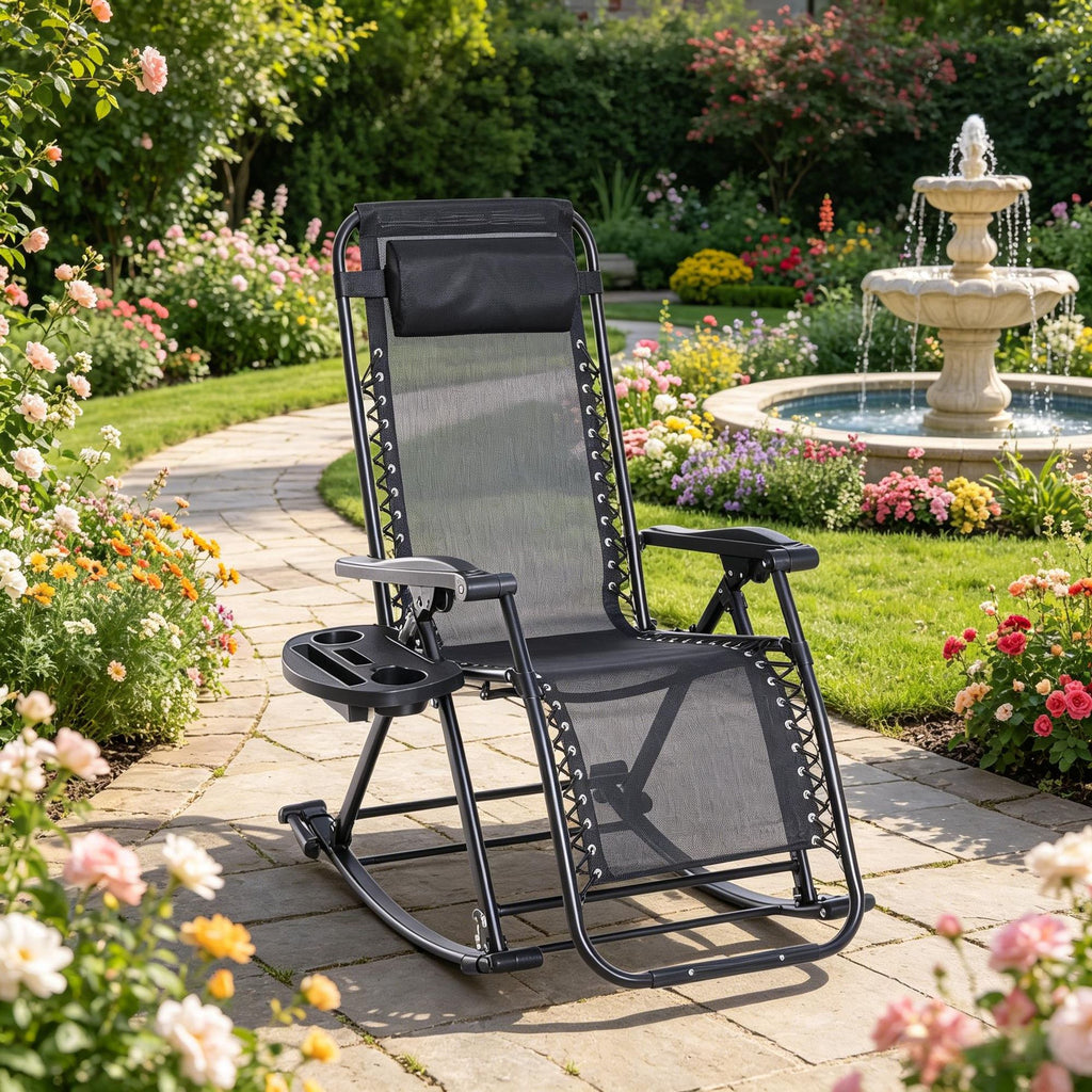 Black Outdoor Rocking Chair Foldable Reclining Zero Gravity Lounge Rocker with Pillow Cup & Phone Holder Combo Design with Folding Legs