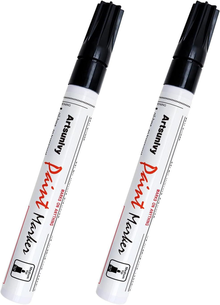 Black Paint Pens Permanent Markers - 2 Pack Oil Based Quick Dry Waterproof Markers for Plastic, Tire, Rubber,Wood, Rocks, Metal, Canvas, Dark Surface,Craft Art Supplies,Medium Point