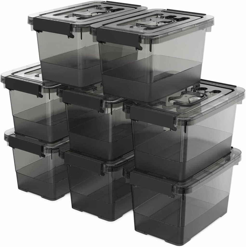 Black Plastic Storage Latch Bins, 8 Pack Clear Plastic Handle Box with Lids and Handle, Multi-Purpose, 4 Quart