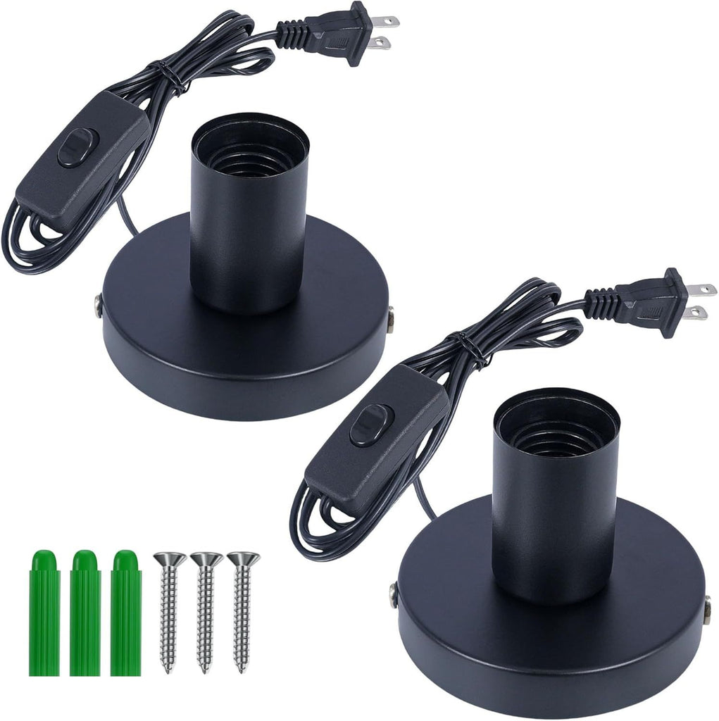 Black Polished Metal Desktop Lamp Base, Small Industrial Table Lamp Base Only, Simple E26/E27 Screw Light Socket Edison Bulb Holder Base,5.7ft Cord On/Off Switch US Plug (2 Pack)