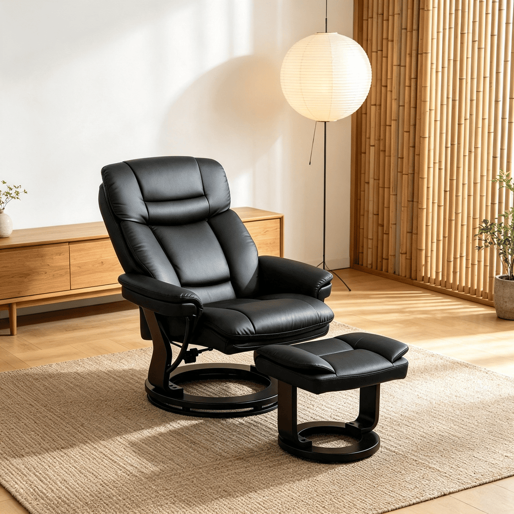 Black PU Leather Swivel Recliner with Ottoman - Reclining Chair with Footrest for Living Room And Bedroom