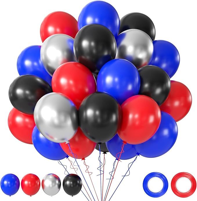 Black Red Blue Balloons, 50pcs 12 Inch Black Red Blue Silver Latex Balloons for Birthday Graduation Party Decorations