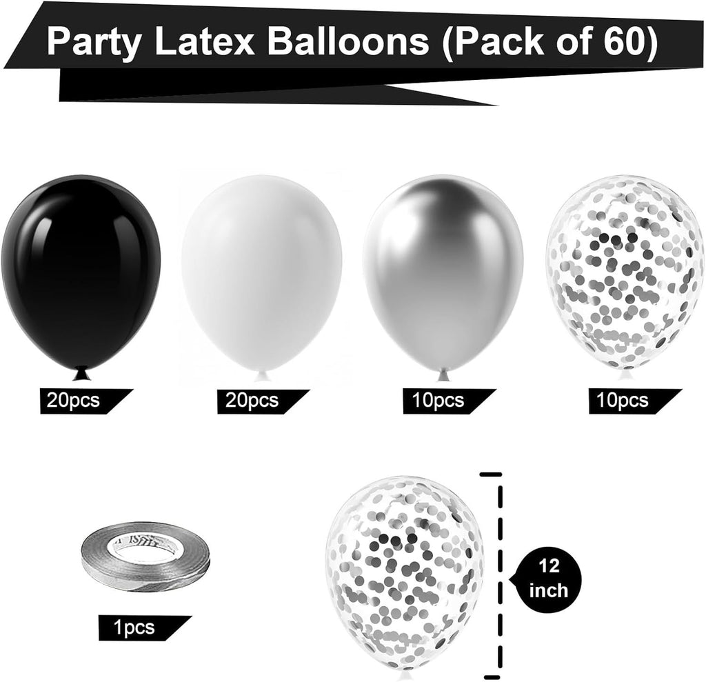 Black Silver Confetti Latex Balloons,60pcs 12 inch Black White Silver Metallic Chrome and Confetti Balloons for New Year Birthday Baby Shower Weddin