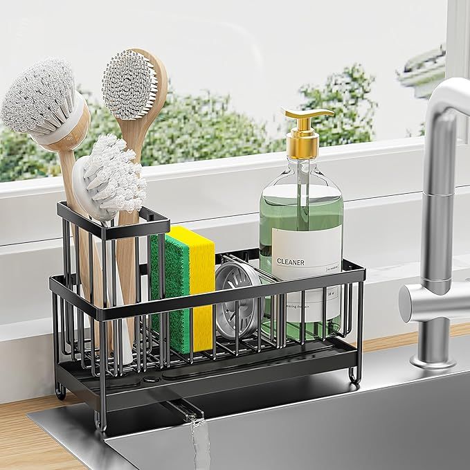 Black Sponge Holder for Kitchen Sink, Sink Caddy Organizer with High Brush Holder, Kitchen Countertop Organizers and Storage Essentials, Rustproof 304 Stainless Steel, Soap Dispenser Organize