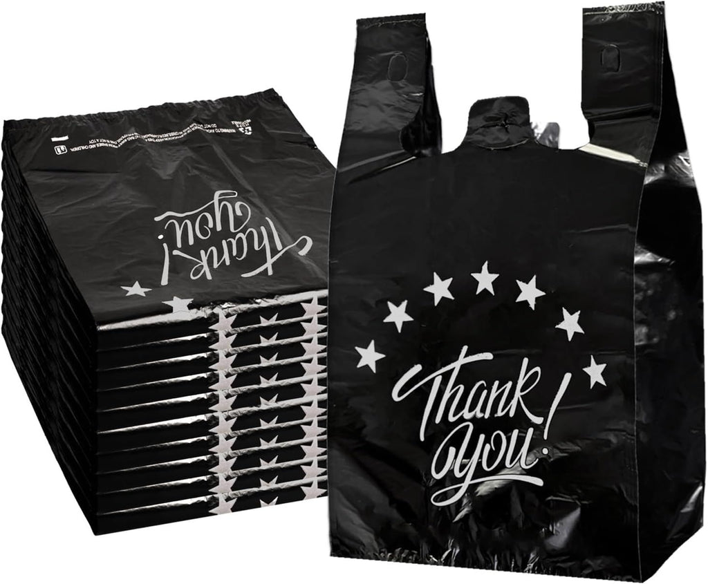 Black Thank you T shirt bag, Grocery shopping bag Reusable and Disposable Supermarket Bag 11''x6''x21'' 100PCS