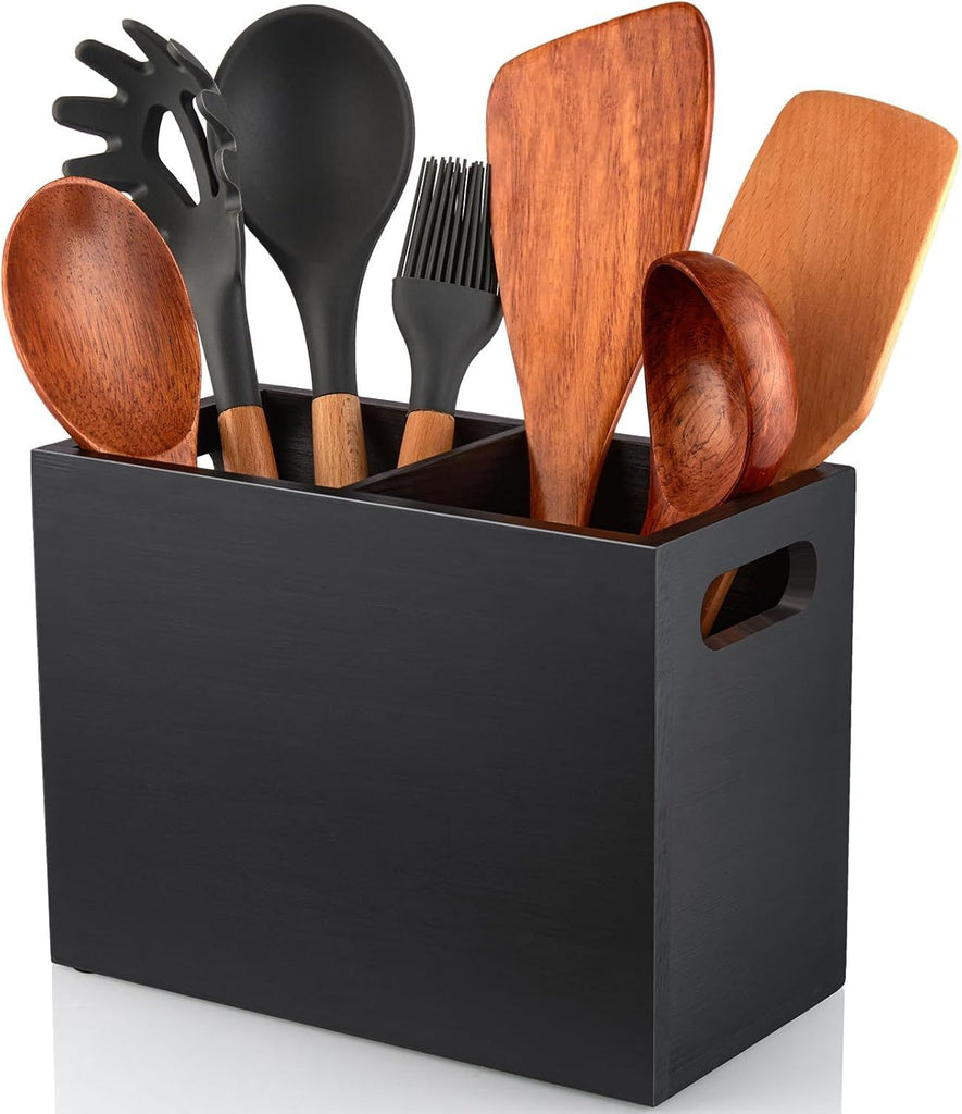 Black Utensil Holder for Kitchen Counter - 2 Compartment Large Utensil Caddy Organizer for Countertop - Kitchen Tool Holder for Spatula Ladles
