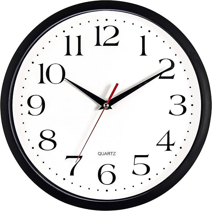 Black Wall Clock Silent Non Ticking, 12 Inch Quality Quartz Battery Operated Round Easy to Read Home/Office/Kitchen/Classroom/School Clock Sweep Movement