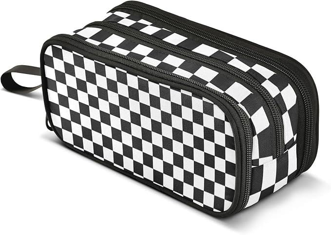 Black White Checkered Pencil Case Box Boys Girls Large Pencil Pouch Zipper Compartments Big Capacity Stationery Pen Bag Organizer for Kids Teens Adults School
`