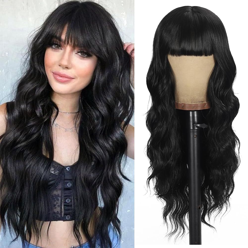 Black Wig with Bangs Curly wavy Wig for Women Long Natural Black wavy wigs skin-friendly synthetic fibersc for festival holiday Use 26IN