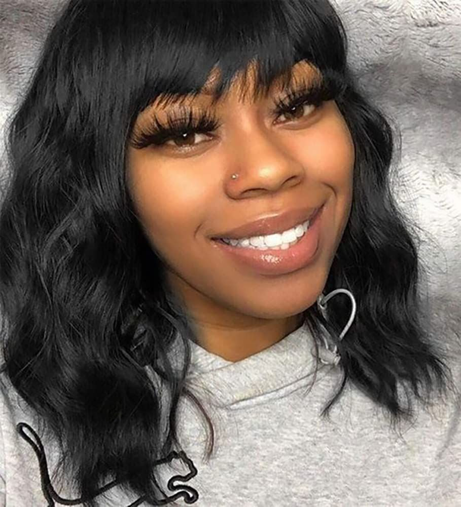Black Wig with Bangs Wig for Women 12in Short Bob Wavy Curly Wig Natural Black Hair Wigs Heat Resistant Hair Replacement Wigs(12'' Natural Black 1B)