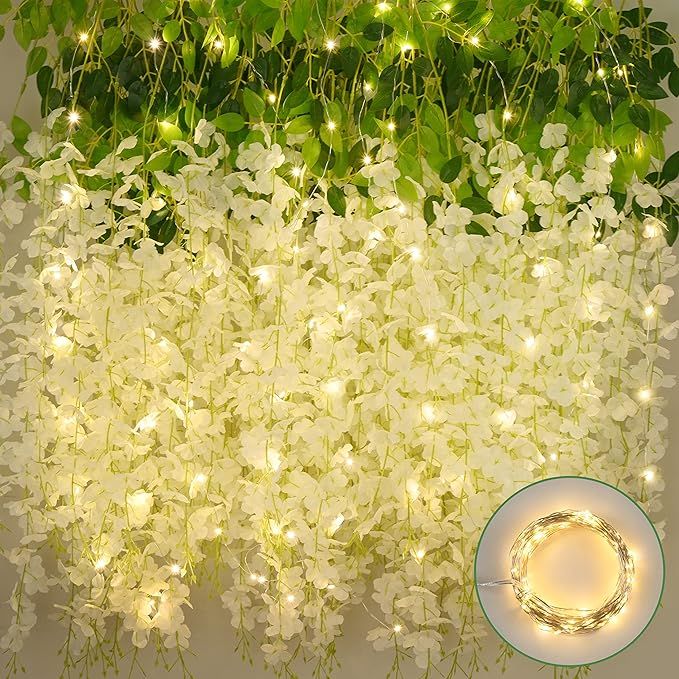 BLEUM CADE White Wisteria Hanging Flowers with Lights