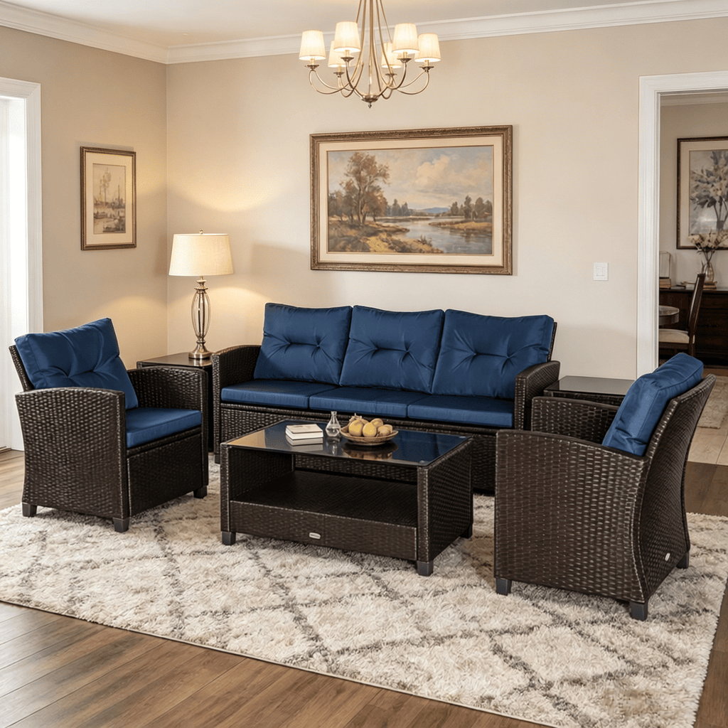 Blue 4-piece set of PE woven courtyard furniture with cushions, backyard porch, garden, poolside terrace, double-layer coffee table