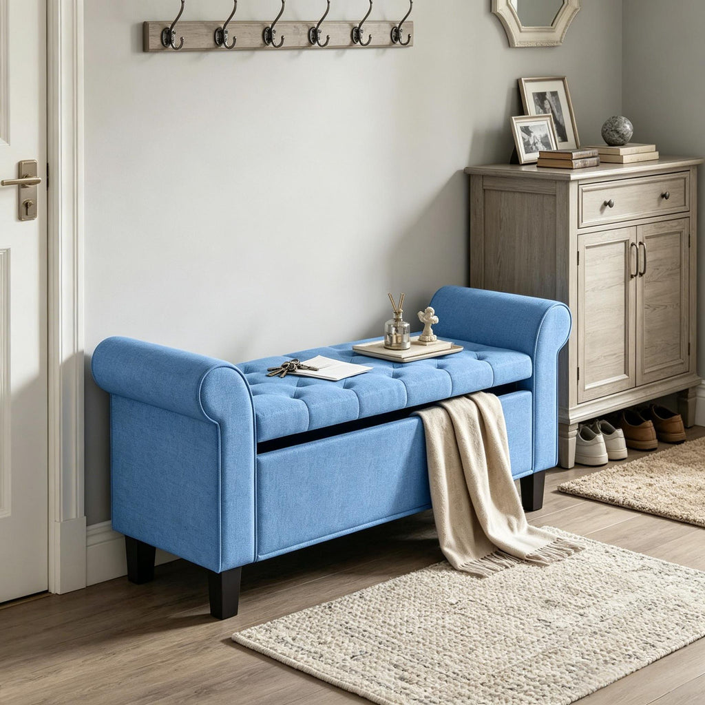 Blue 47 Inch Tufted Storage Ottoman Bench with Rolled Arms Safety Hinge Wood Legs for Bedroom End of Bed Furniture