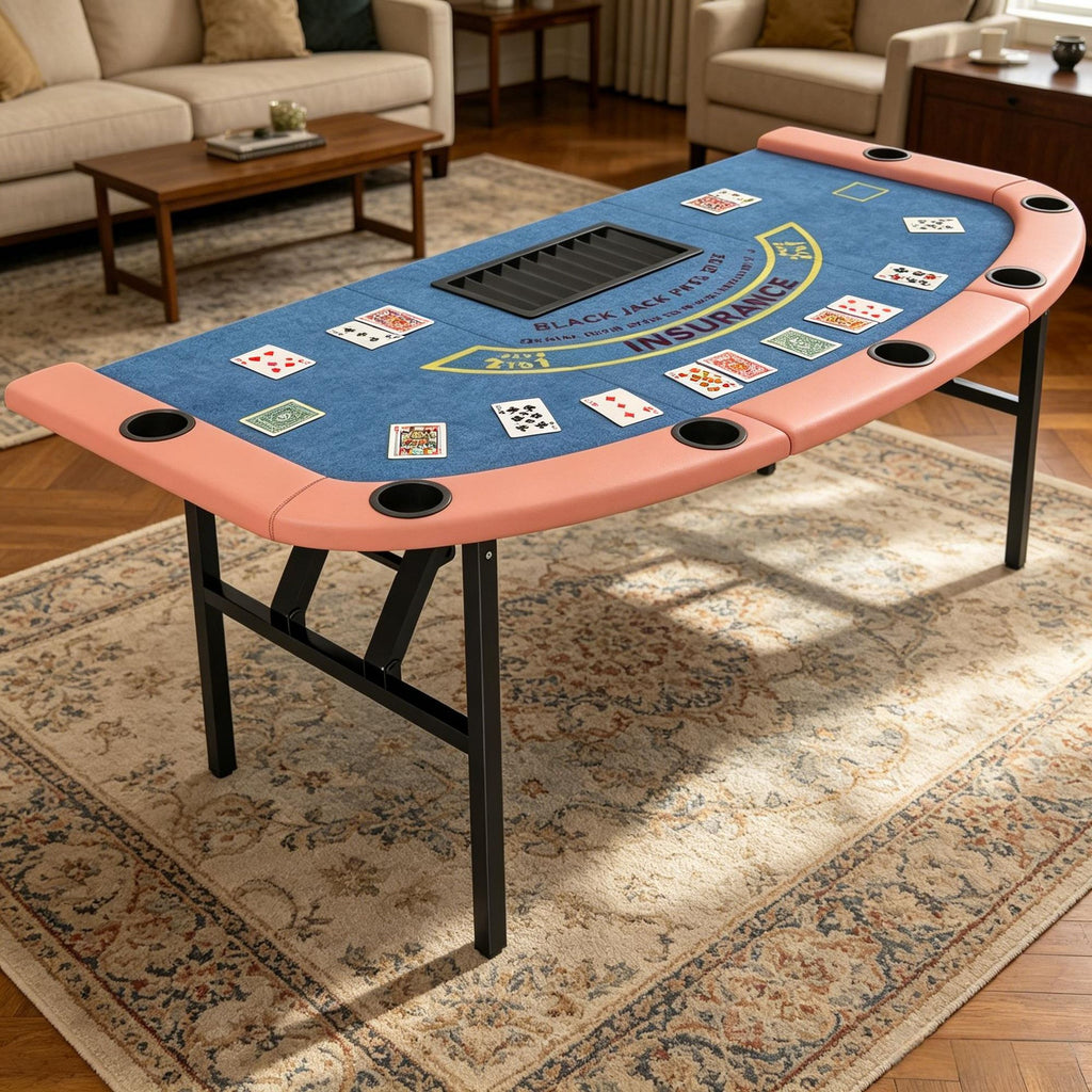 Blue 72' Foldable Poker Table Portable Blackjack Gaming Table with Felt Surface And Cup Holders for 8 Players