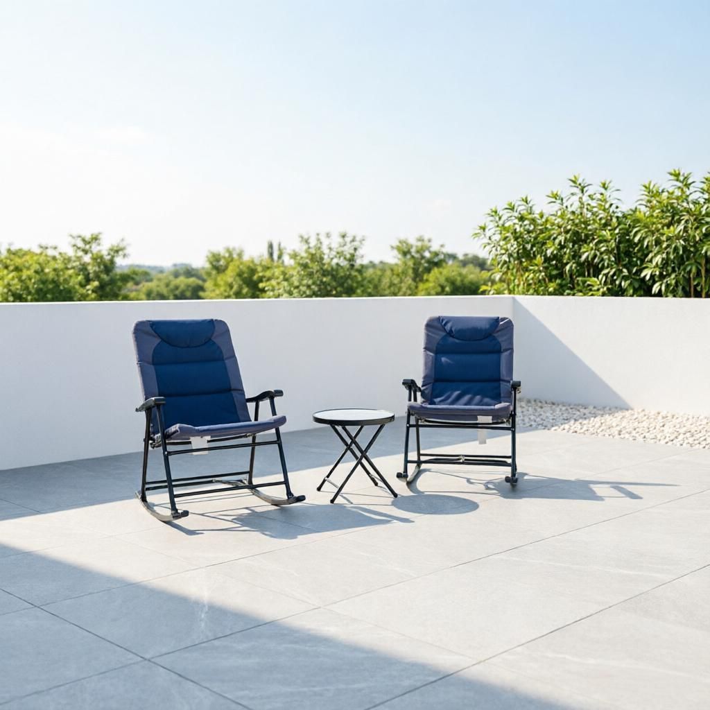 Blue And Gray 3 Piece Outdoor Folding Rocking Chair And Table Set Comfortable Portable Garden Furniture Set