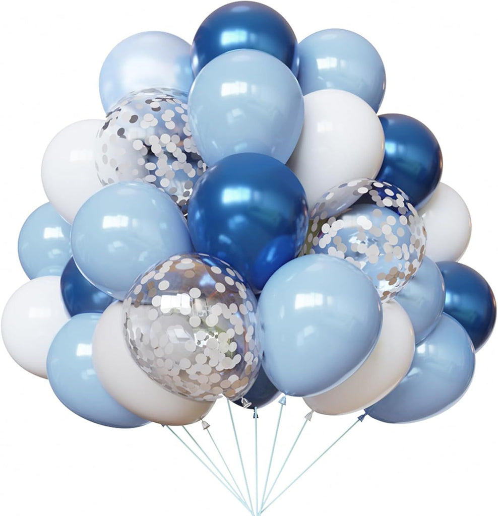 Blue and White Balloons, 67pcs 12 Inch Blue Balloon and White Silver Confetti Balloons for Baby Shower, Birthday, Bridal, Wedding Party Decoration