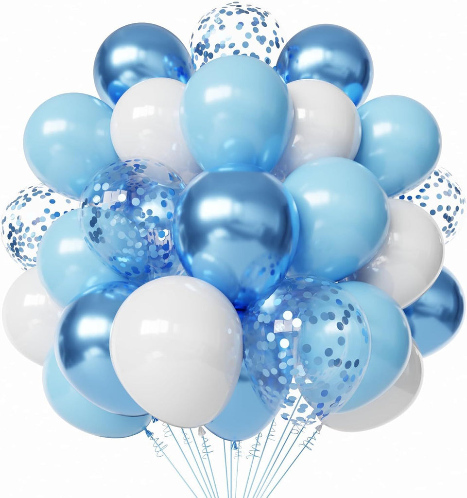 Blue and White Latex Balloons, 60pcs 12 Inches Metallic Chrome Blue and White Confetti Balloons with 1 Ribbon for Bridal Shower, Birthday, Baby Shower Party Decorations