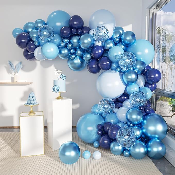 Blue Balloon Arch Kit, 147 Pcs Metallic Macaron Light Navy Blue Balloons Garland with Confetti for Baby Shower Birthday Wedding Ocean Themed Party Decoration