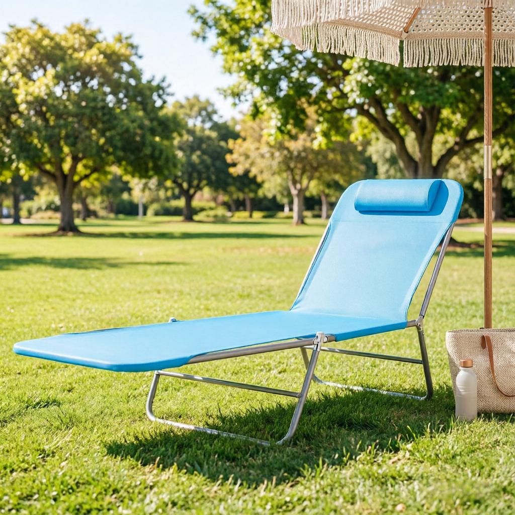 Blue Folding Chaise Lounge Pool Chair Outdoor Sun Tanning Reclining Back with Pillow Steel Frame Breathable Mesh for Beach Yard Patio