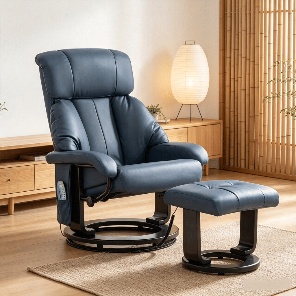 Blue Massage Recliner Chair with Ottoman 360° Swivel Recliner And Footstool 10-Point Vibration for Home Comfort