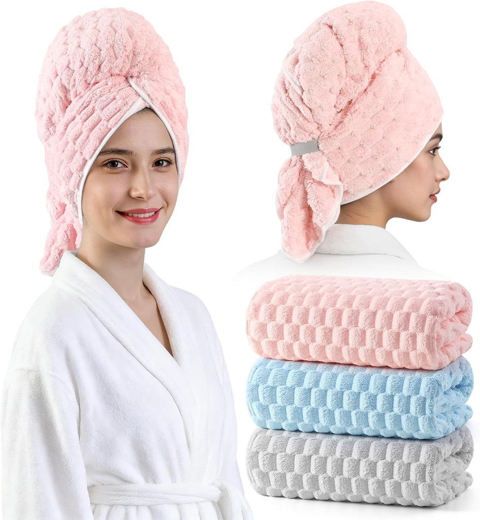 Blue Microfiber Hair Towels - Extra Large Hair Towel Wrap for Women, 24x42 inch Hair Towels with Elastic Strap, Super Soft Hair Drying Towels for Long, Thick, Curly Anti Frizz Turbans
