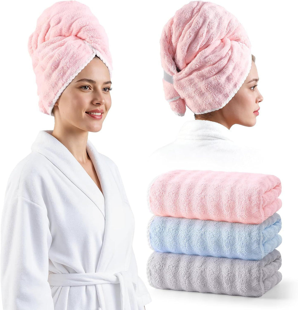 Blue Microfiber Hair Towels - Extra Large Hair Towel Wrap for Women, 24x42 inch Hair Towels with Elastic Strap, Super Soft Hair Drying Towels for Long, Thick, Curly Anti Frizz Turbans