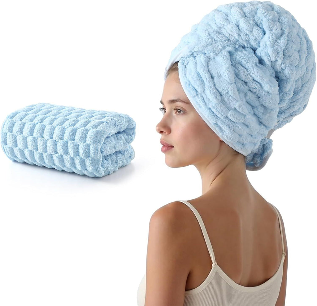 Blue Microfiber Hair Towels - Extra Large Hair Towel Wrap for Women, 24x42 inch Hair Towels with Elastic Strap, Super Soft Hair Drying Towels for Long, Thick, Curly Anti Frizz Turbans