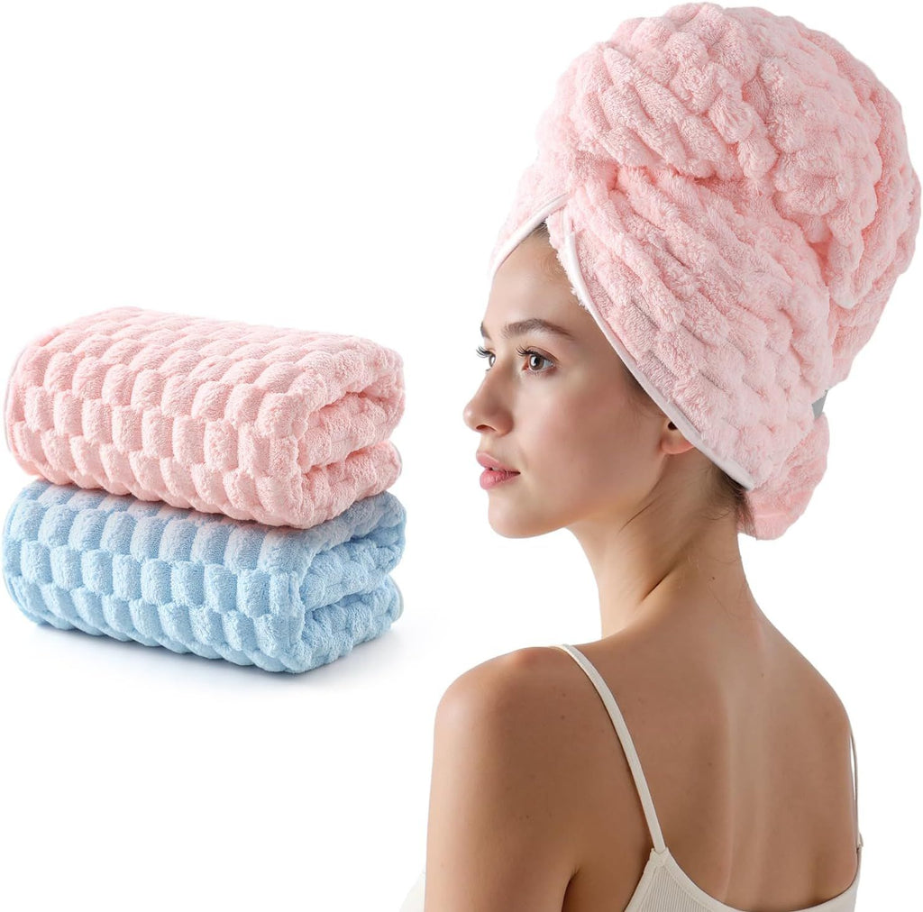 Blue Microfiber Hair Towels - Extra Large Hair Towel Wrap for Women, 24x42 inch Hair Towels with Elastic Strap, Super Soft Hair Drying Towels for Long, Thick, Curly Anti Frizz Turbans