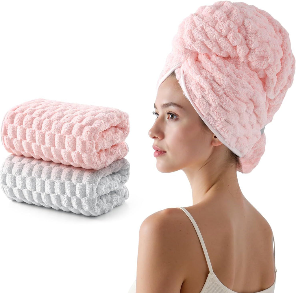 Blue Microfiber Hair Towels - Extra Large Hair Towel Wrap for Women, 24x42 inch Hair Towels with Elastic Strap, Super Soft Hair Drying Towels for Long, Thick, Curly Anti Frizz Turbans