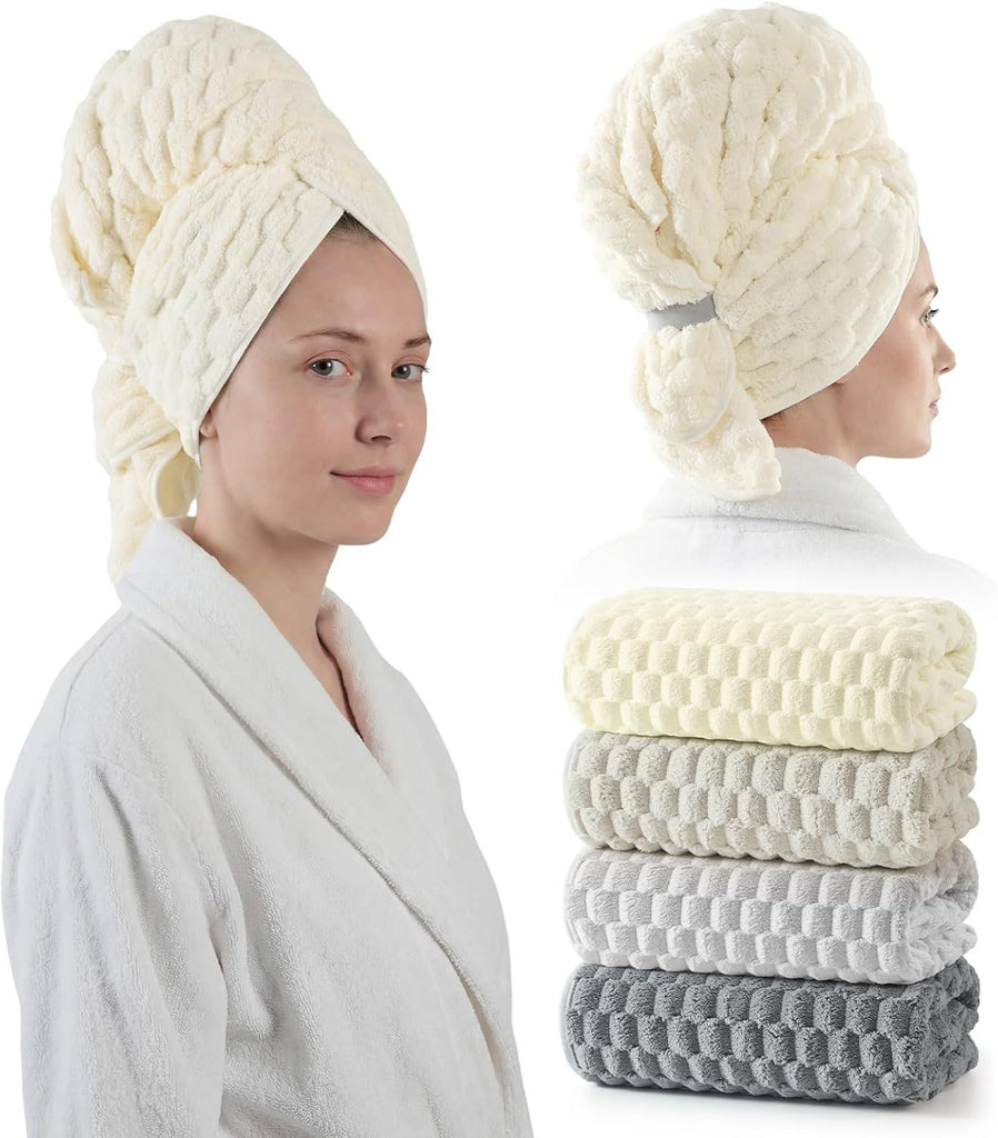 Blue Microfiber Hair Towels - Extra Large Hair Towel Wrap for Women, 24x42 inch Hair Towels with Elastic Strap, Super Soft Hair Drying Towels for Long, Thick, Curly Anti Frizz Turbans