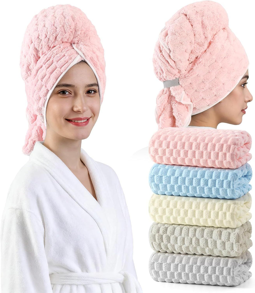Blue Microfiber Hair Towels - Extra Large Hair Towel Wrap for Women, 24x42 inch Hair Towels with Elastic Strap, Super Soft Hair Drying Towels for Long, Thick, Curly Anti Frizz Turbans