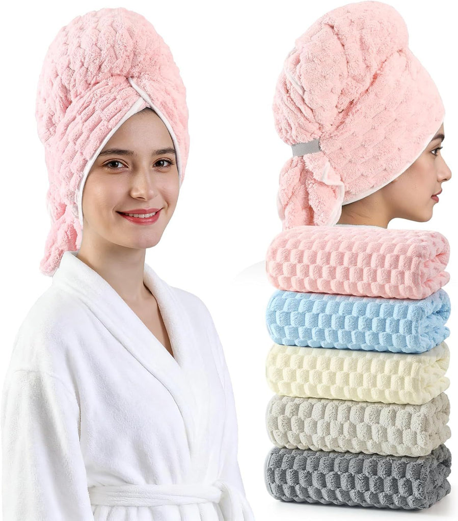 Blue Microfiber Hair Towels - Extra Large Hair Towel Wrap for Women, 24x42 inch Hair Towels with Elastic Strap, Super Soft Hair Drying Towels for Long, Thick, Curly Anti Frizz Turbans