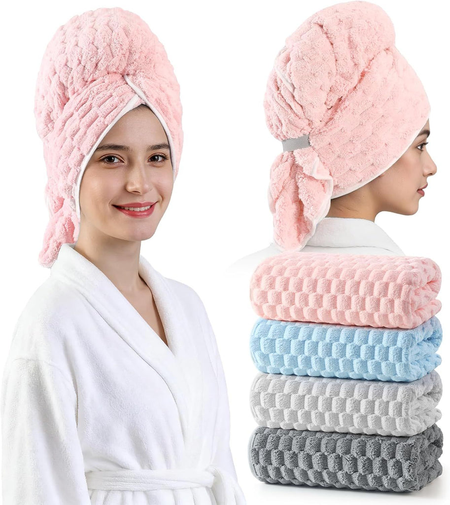 Blue Microfiber Hair Towels - Extra Large Hair Towel Wrap for Women, 24x42 inch Hair Towels with Elastic Strap, Super Soft Hair Drying Towels for Long, Thick, Curly Anti Frizz Turbans